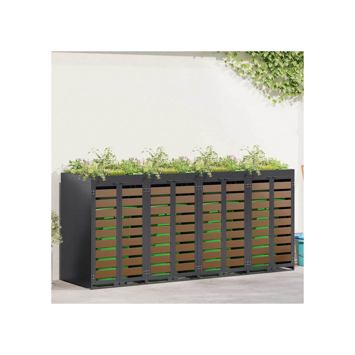 Rangement de poubelle à roulettes pour 4 poubelles Acier