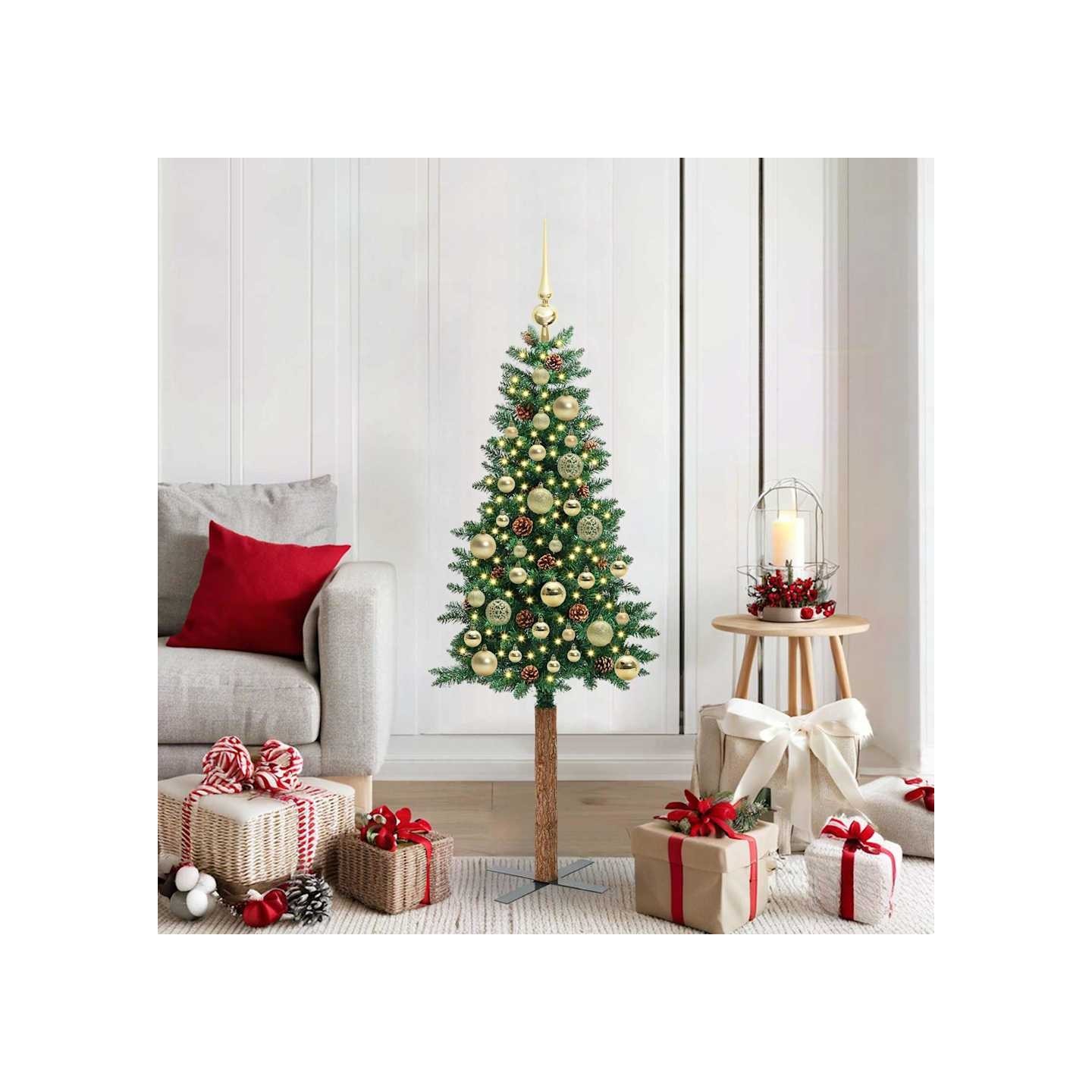 Sapin de Noël mince Vert 150 cm PVC et bois de pin massif