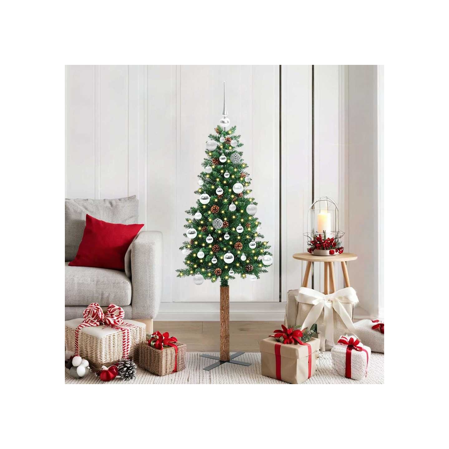 Sapin de Noël mince Vert 150 cm PVC et bois de pin massif