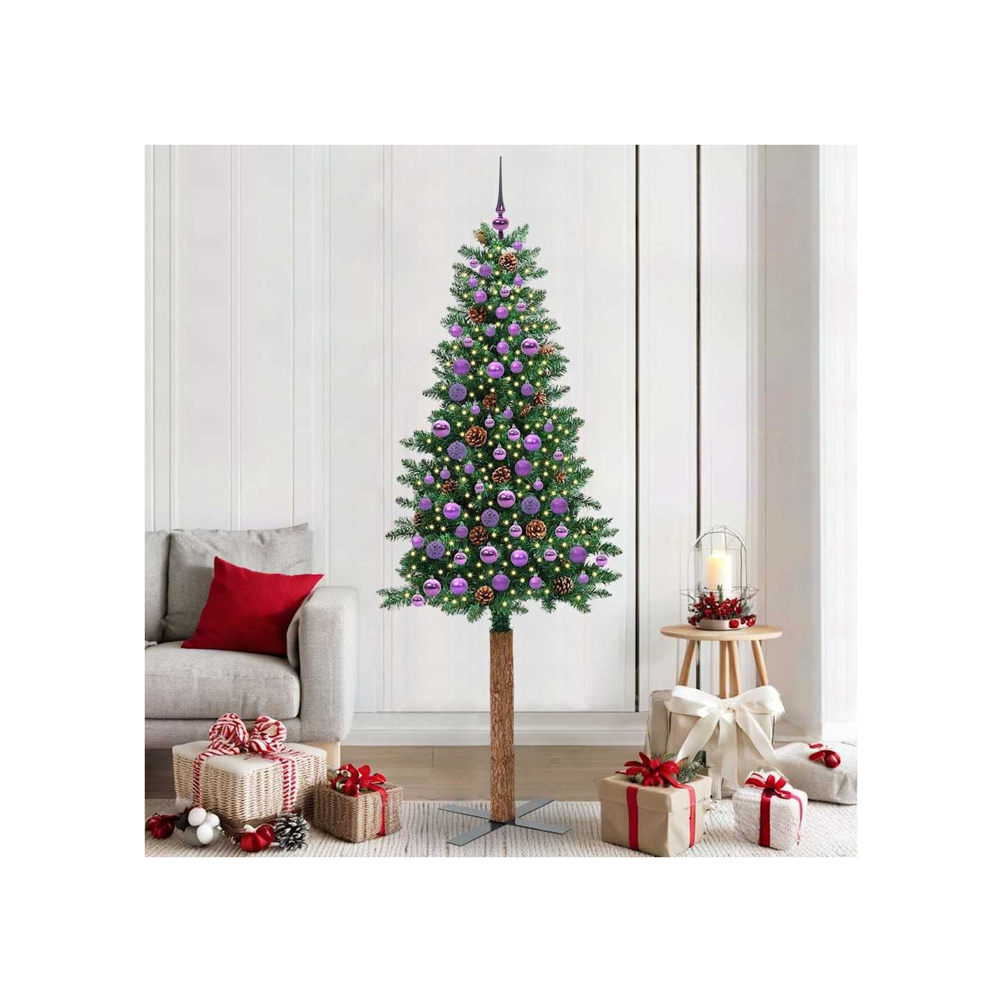 Sapin de Noël mince Vert 210 cm PVC et bois de pin massif