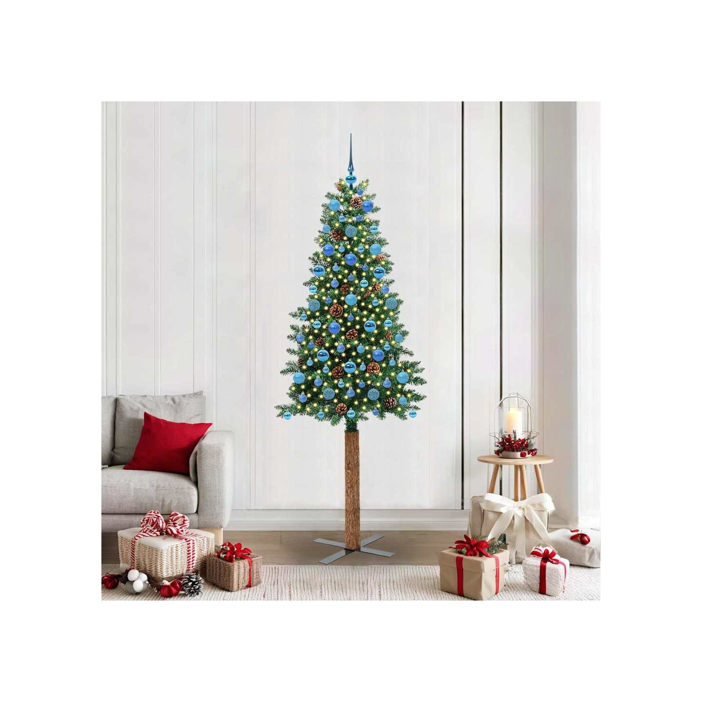Sapin de Noël mince Vert 210 cm PVC et bois de pin massif