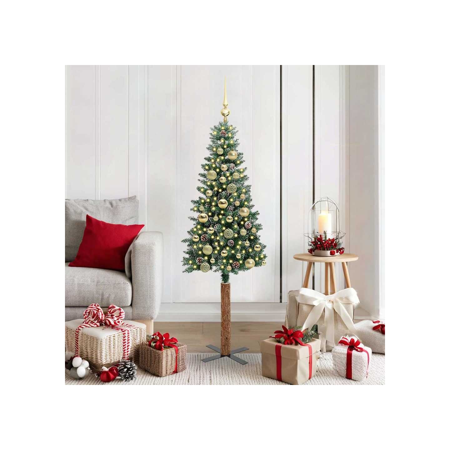 Sapin de Noël mince Vert 150 cm PVC et bois de pin massif