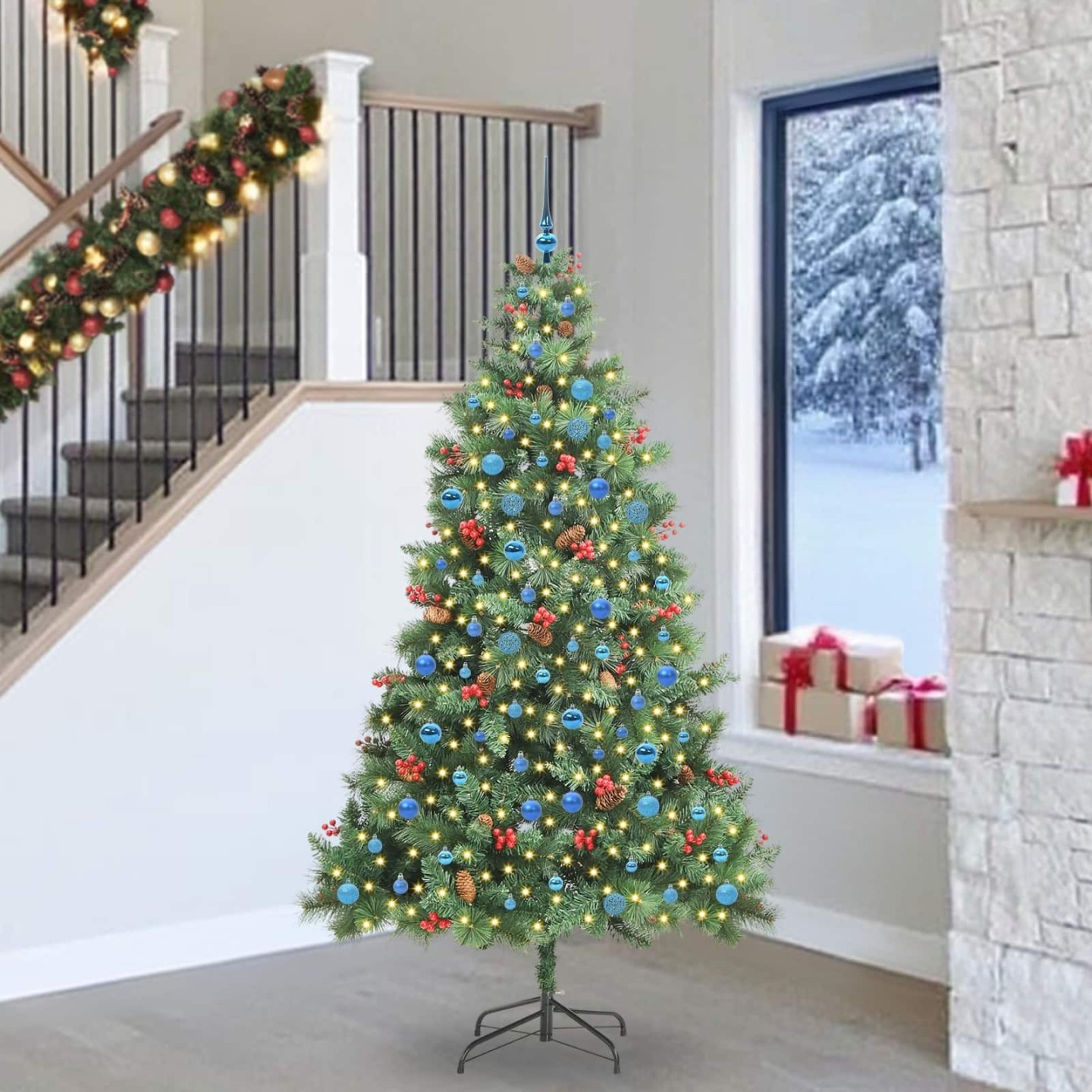 Sapin de Noël artificiel 300 LED Blanc chaud PVC et métal Vert