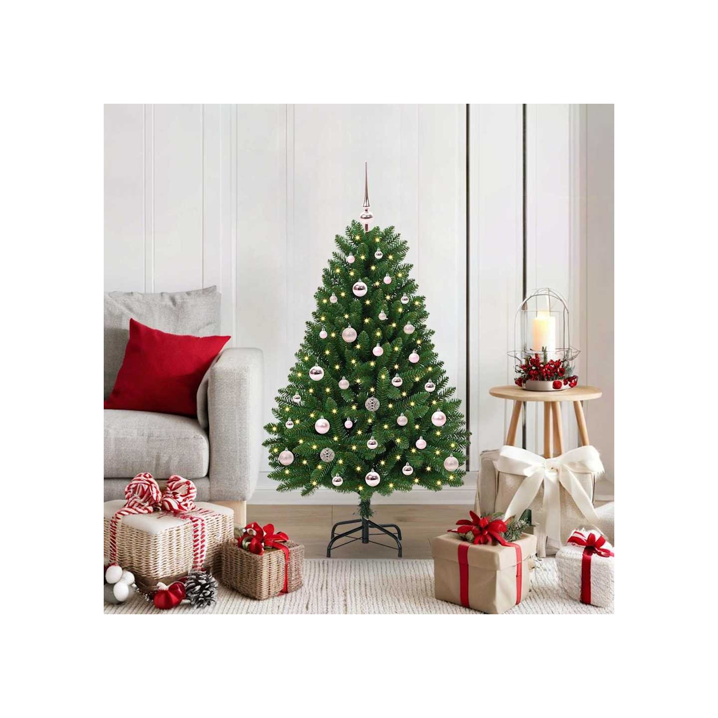 Sapin de Noël artificiel avec cimier et boules 120 cm 150 LED