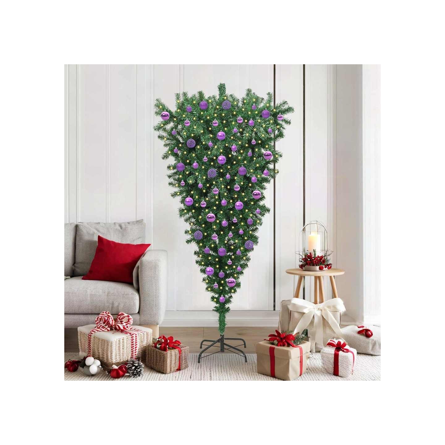 Sapin de Noël artificiel pré-éclairé à l'envers avec ensemble de boules