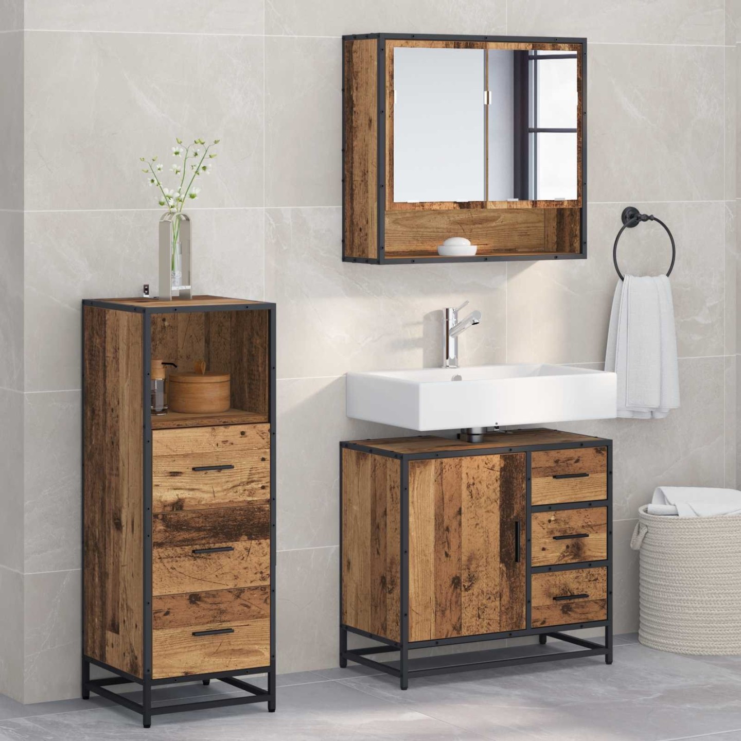 Ensemble de mobilier de salle de bain 3 pc Bois Ancien