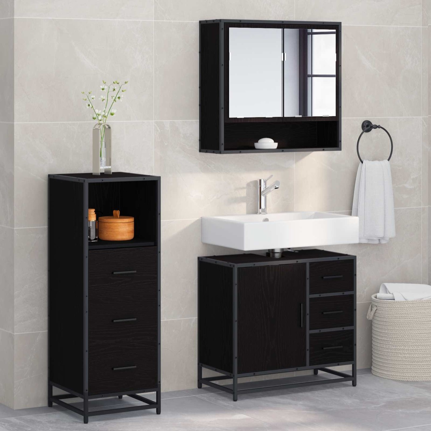 Ensemble de mobilier de salle de bain 3 pc Chêne noir