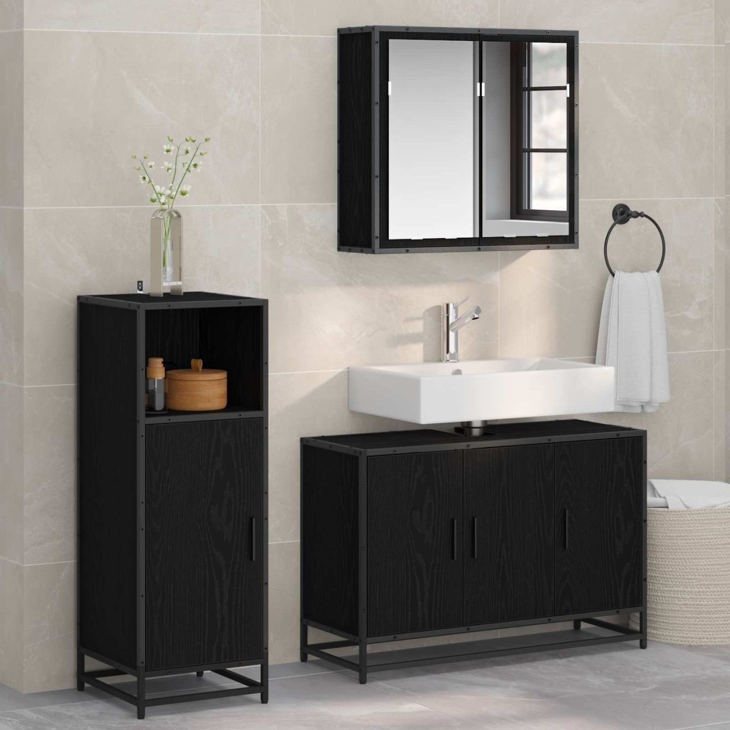 Ensemble de mobilier de salle de bain 3 pc Chêne noir