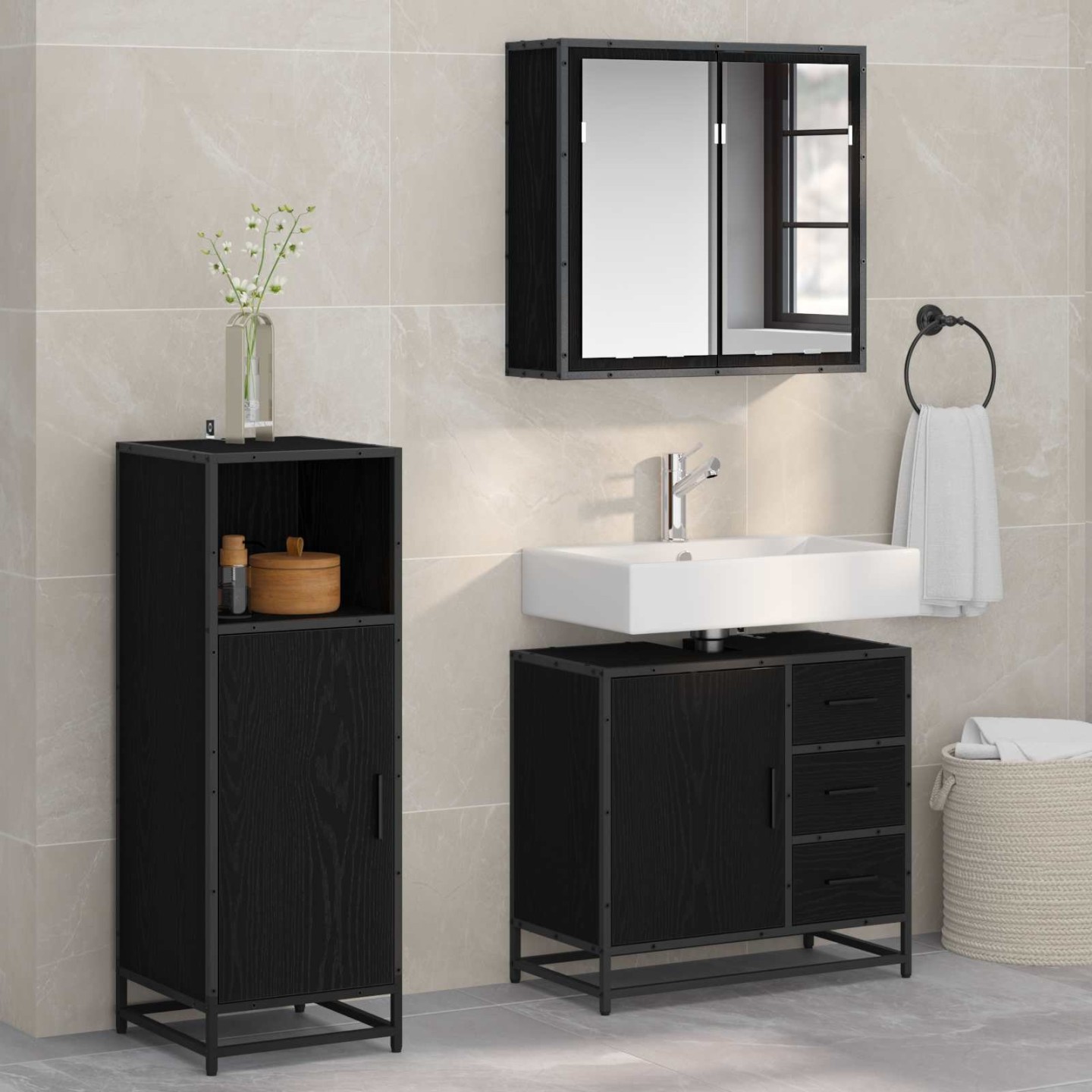 Ensemble de mobilier de salle de bain 3 pc Chêne noir