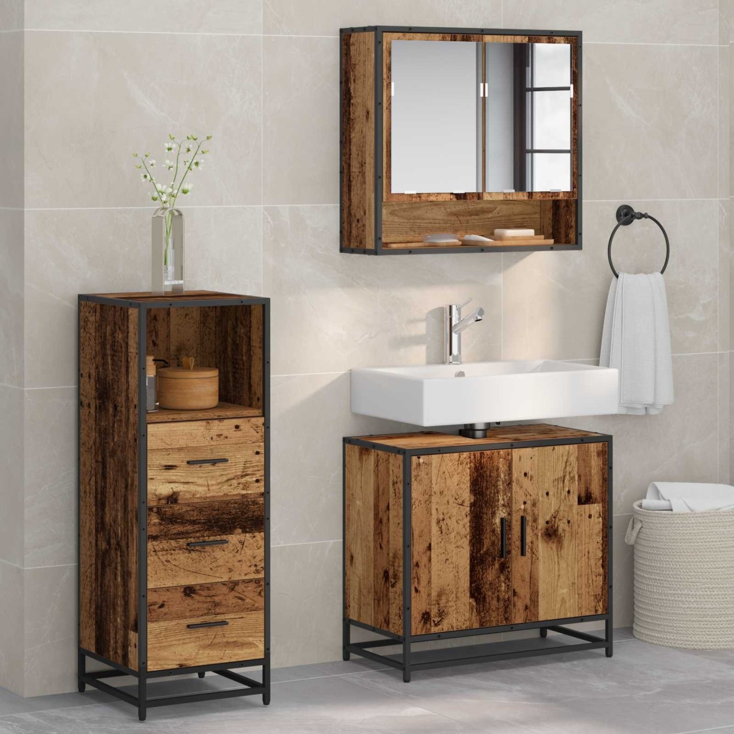 Ensemble de mobilier de salle de bain 3 pc Bois Ancien