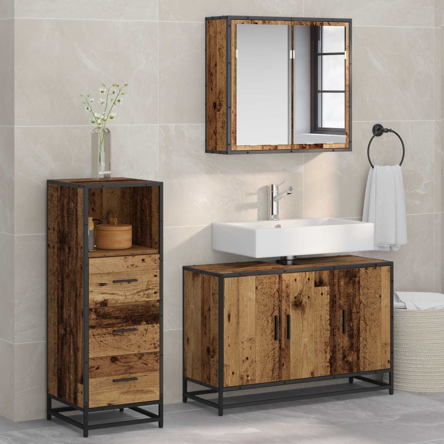 Ensemble de mobilier de salle de bain 3 pièces Bois Ancien