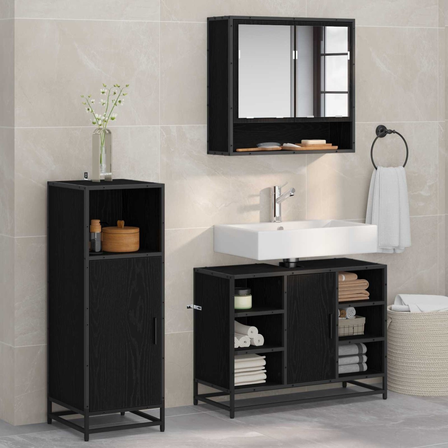 Ensemble de mobilier de salle de bain 3 pièces Chêne noir