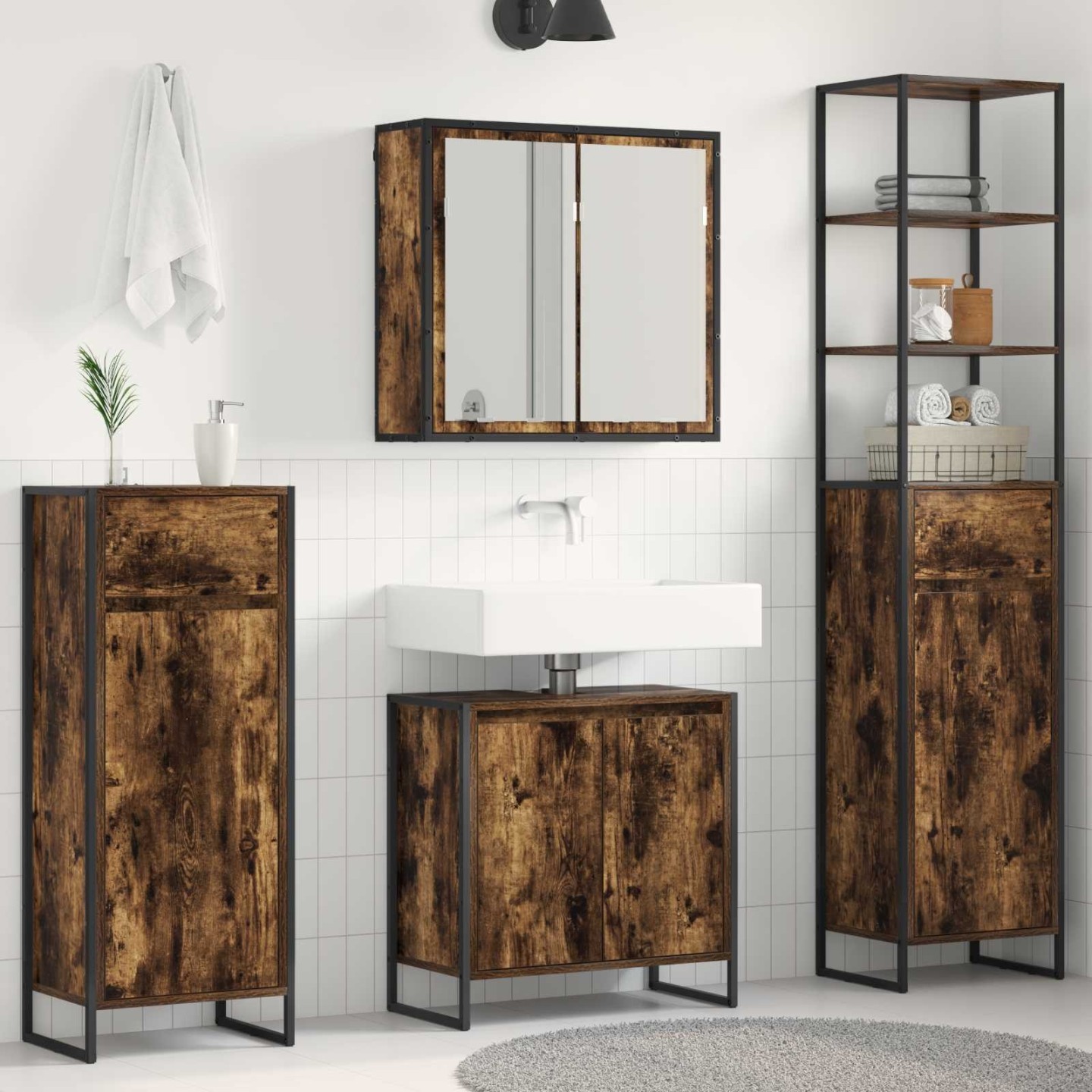 Ensemble de mobilier de salle de bain 4 pièces Chêne fumé