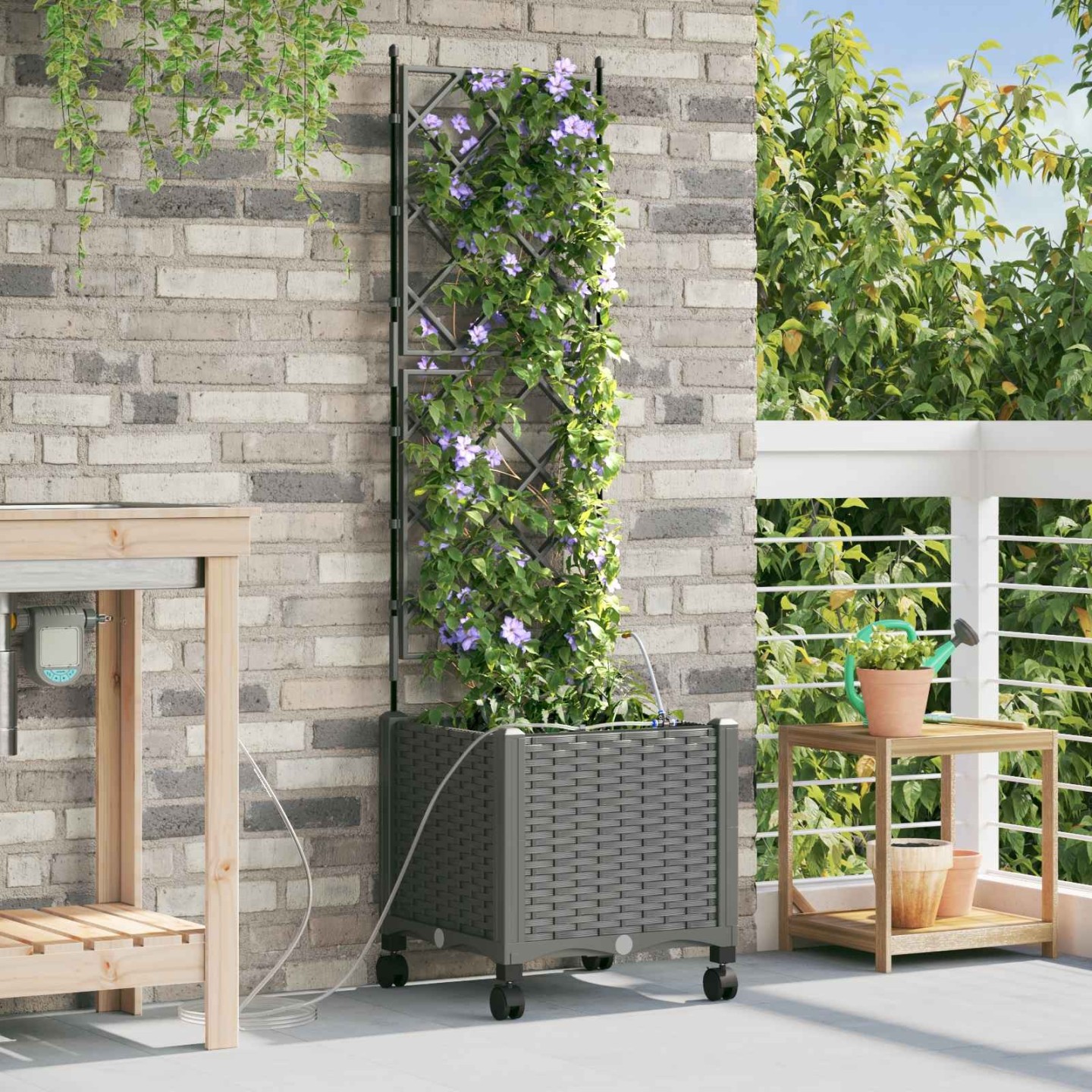 Porte-plante de jardin avec irrigation et roues Gris clair PP