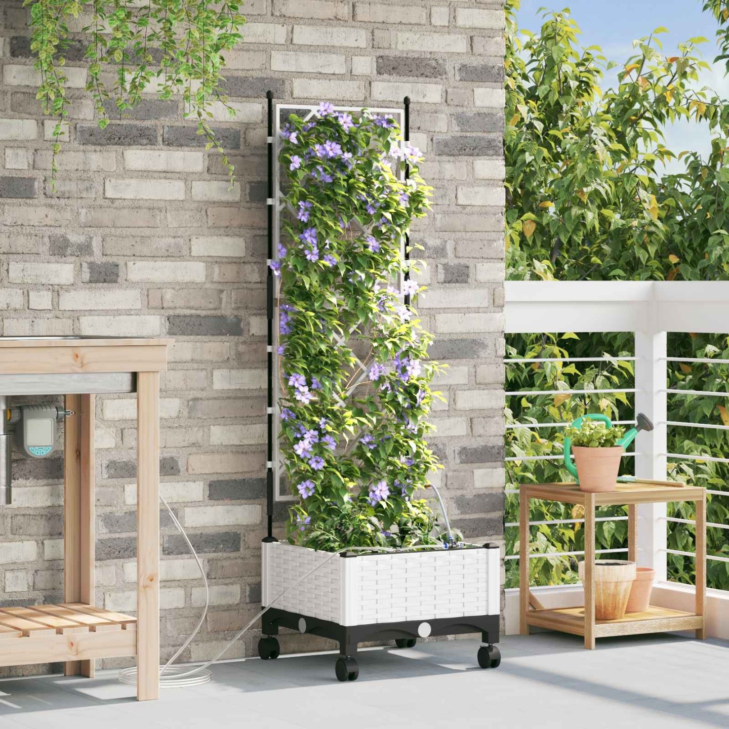 Porte-plante de jardin avec irrigation et roues Blanc PP