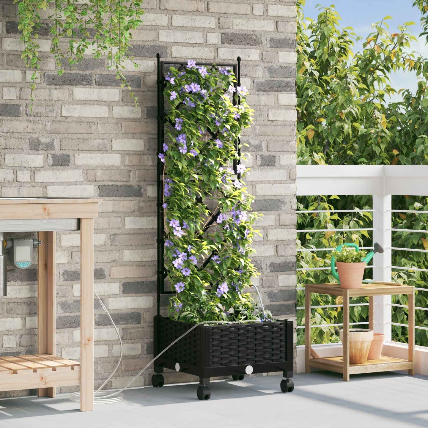 Porte-plante de jardin avec irrigation et roues Noir PP