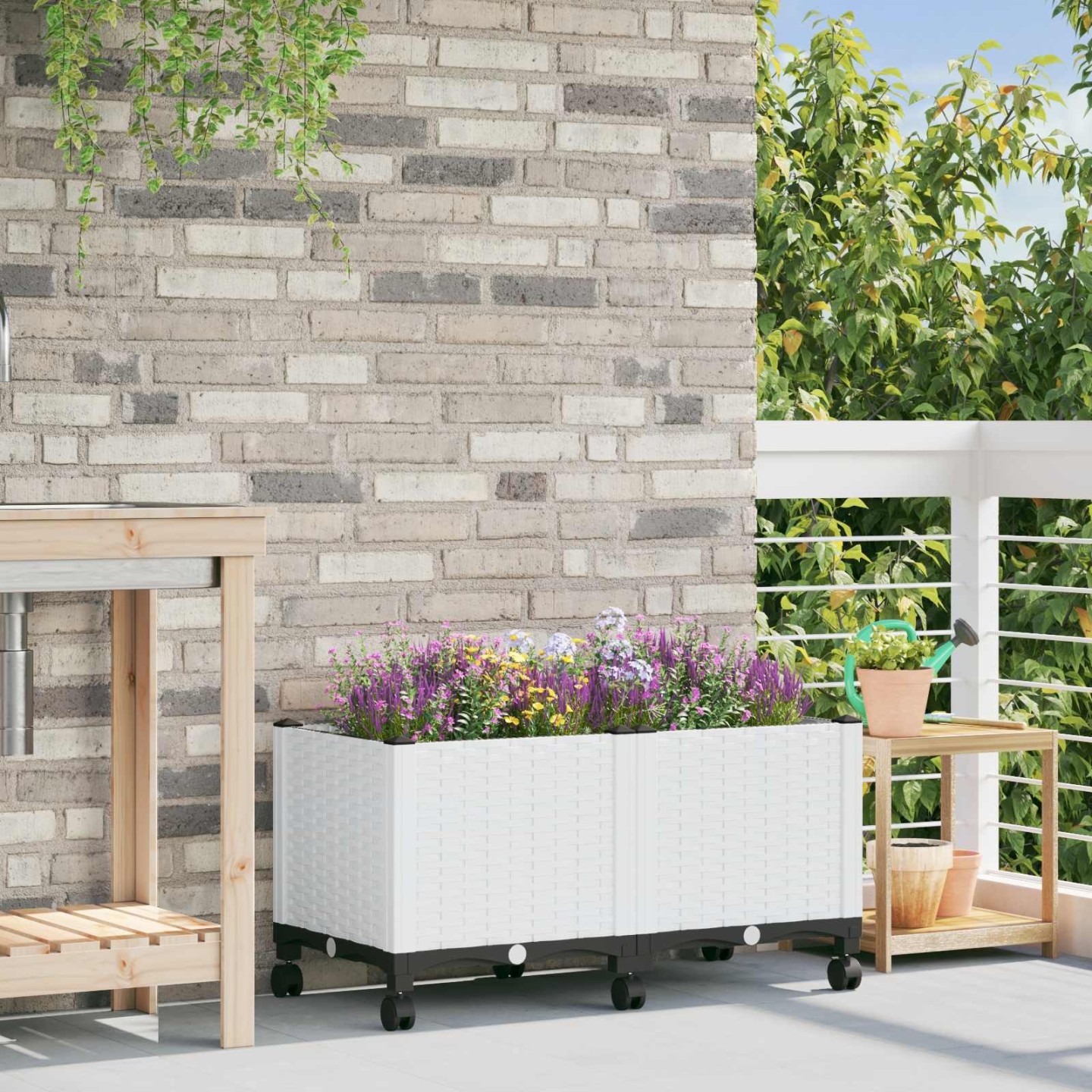 Jardinière avec Roues Blanc 80 x 40 x 44 cm PP