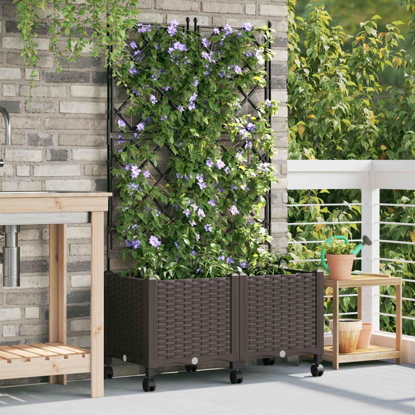 Bac de jardin avec treillis et roues 2 pc Marron PP
