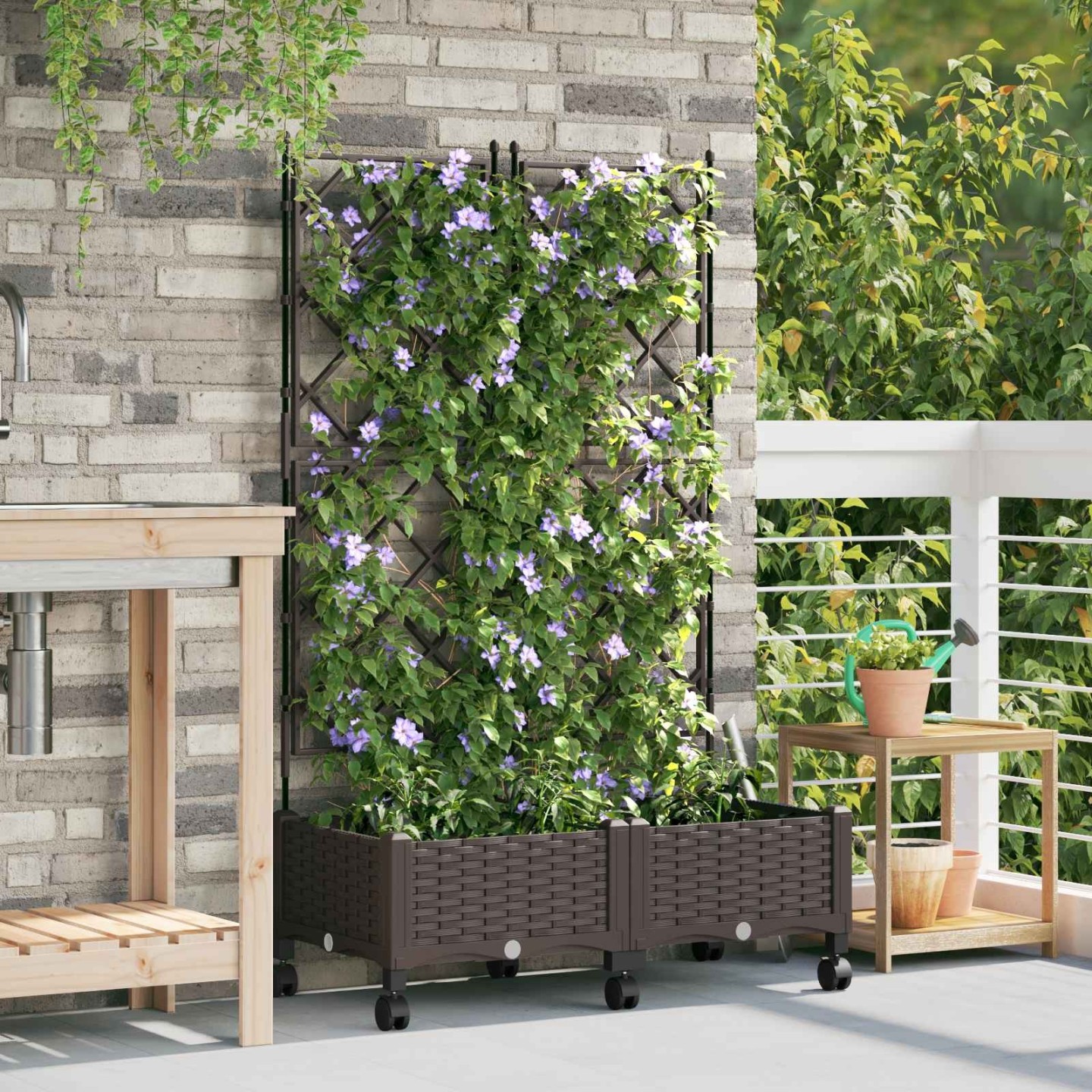 Bac de jardin avec treillis et roues 2 pc Marron PP