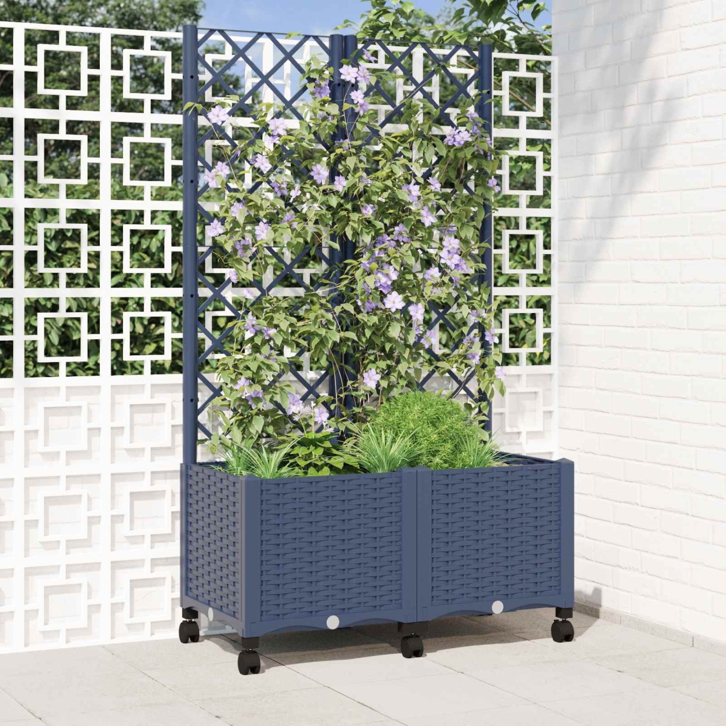 Bac de jardin avec treillis et roues Gris Bleu 80 x 40 x 146 cm
