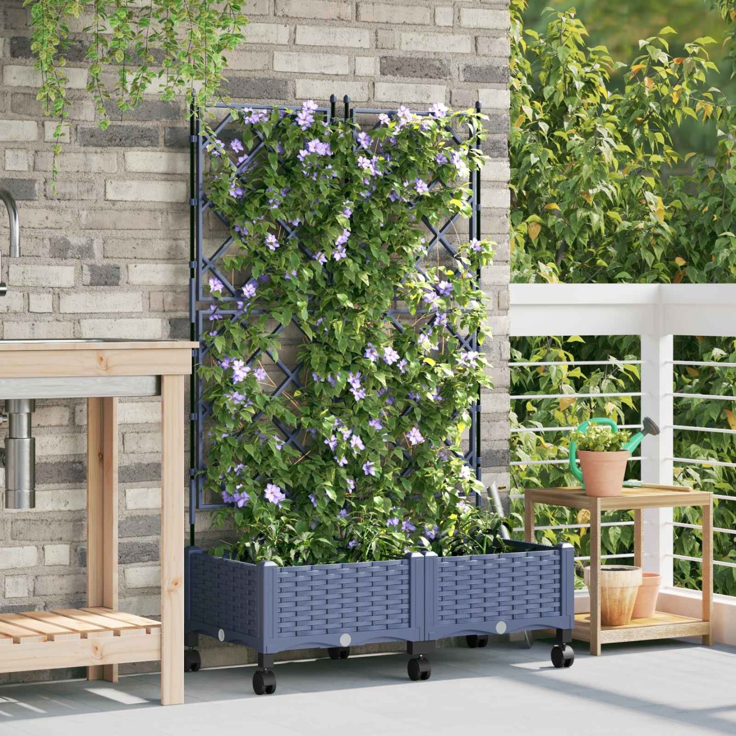 Bac de jardin avec treillis et roues 2 pc Gris PP