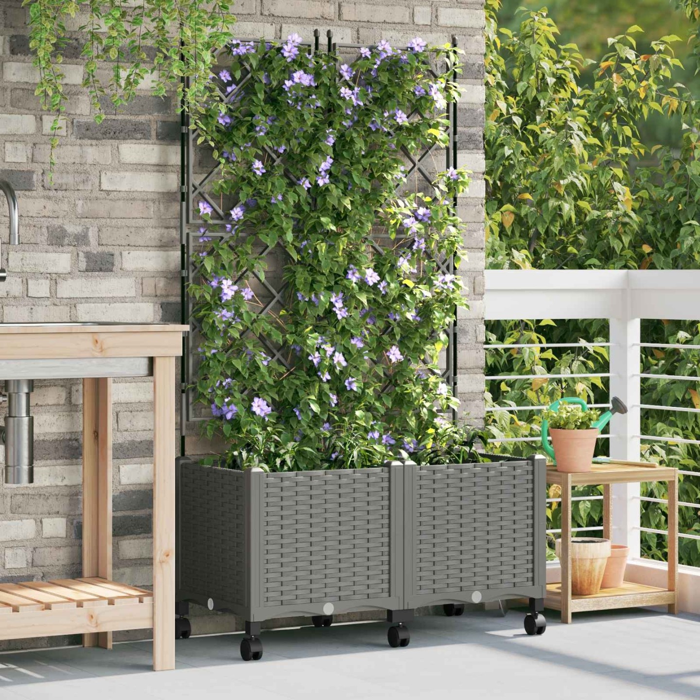 Bac de jardin avec treillis et roues 2 pc Gris clair