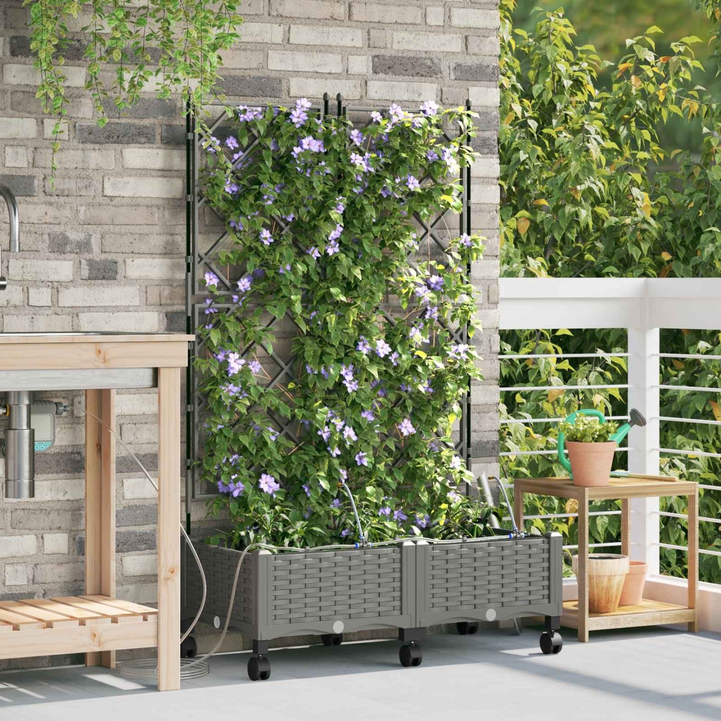 Porte-plante de jardin avec irrigation et roues 2 pc Gris clair