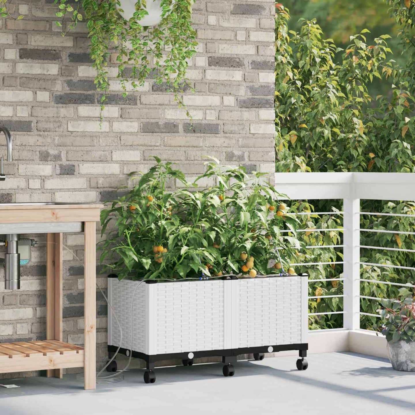 Porte-plante de jardin avec irrigation et roues 2 pc Blanc PP