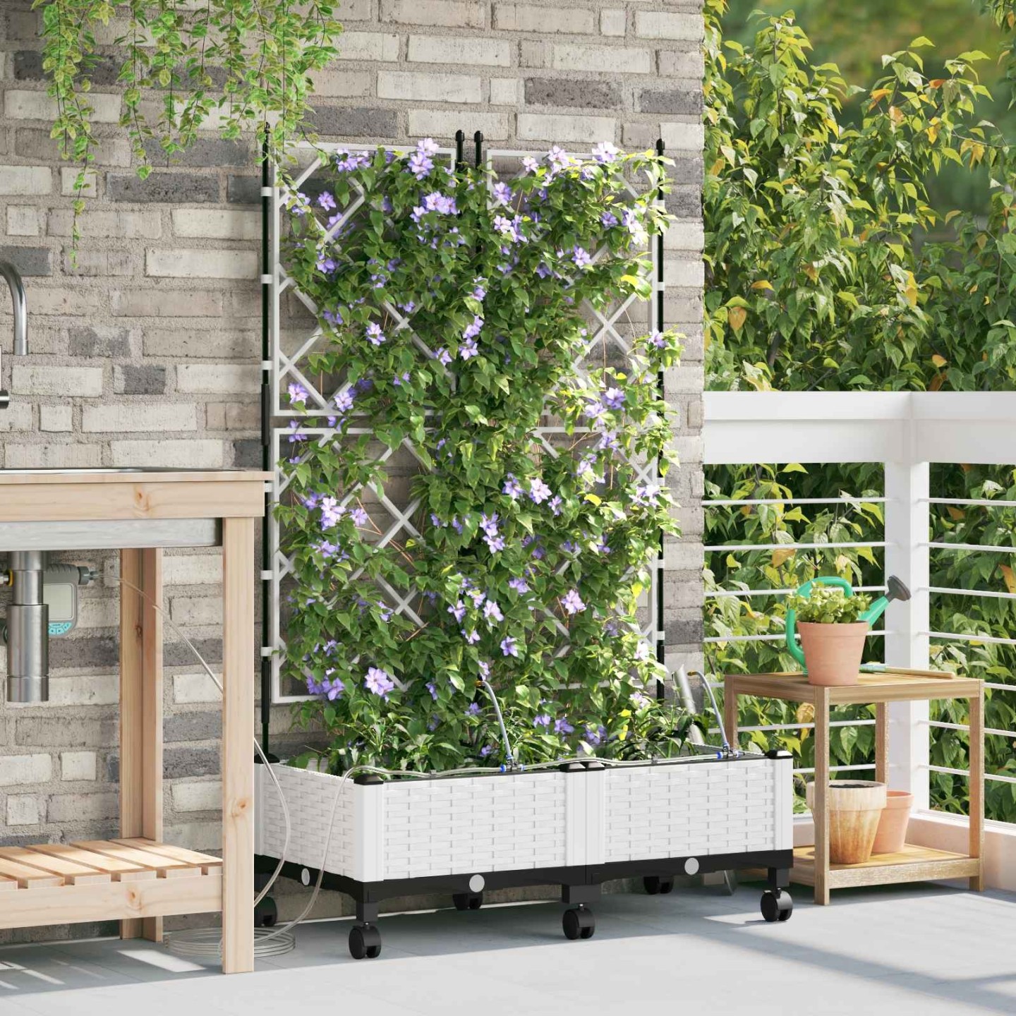 Porte-plante de jardin avec irrigation et roues 2 pc Blanc PP