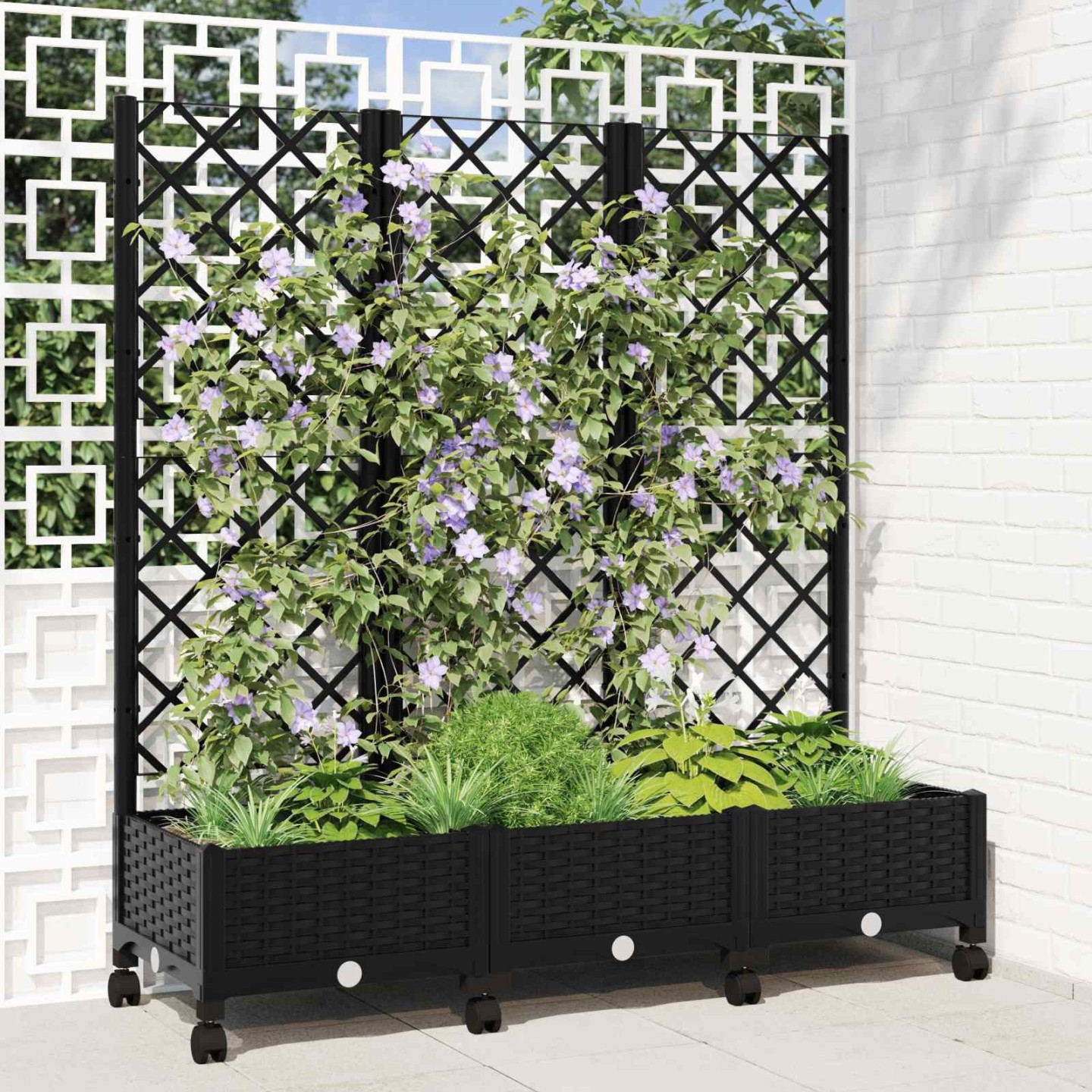 Bac de jardin avec treillis et roues Noir 120 x 40 x 131,5 cm