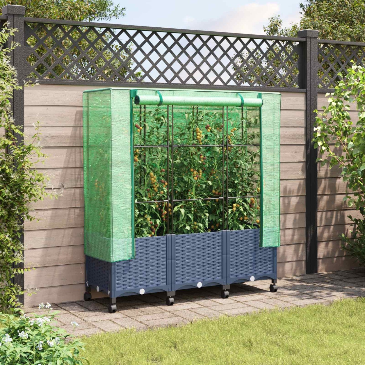 Jardinière de jardin avec couverture de serre et roues 3 pc PP