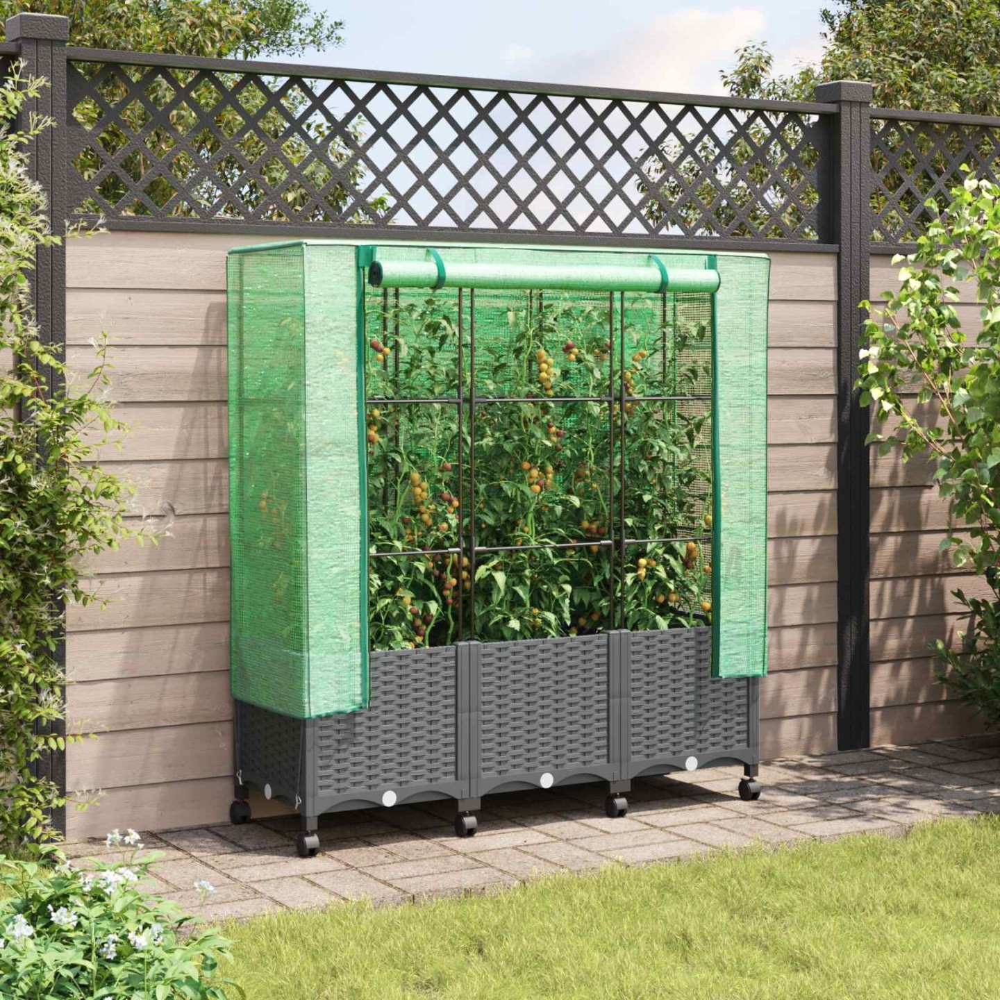 Jardinière de jardin avec couverture de serre et roues 3 pc PP