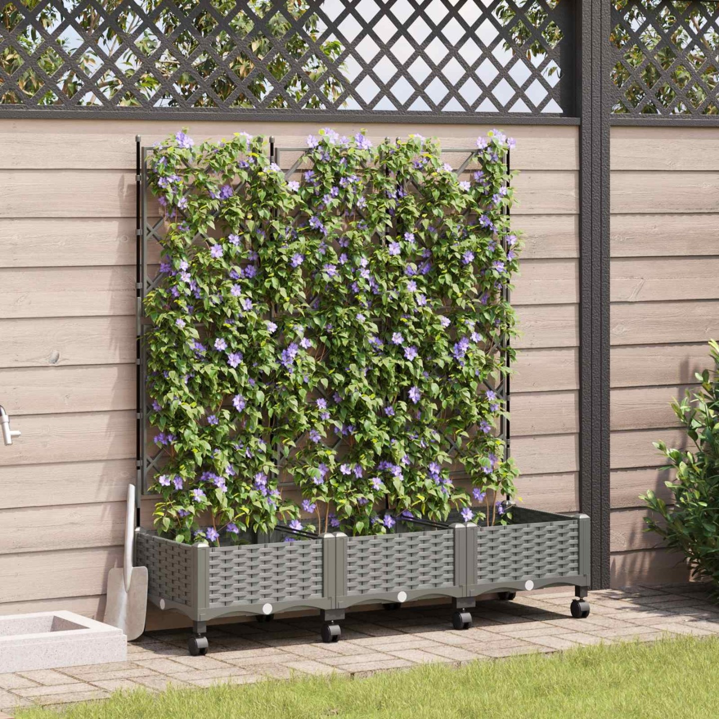 Bac de jardin avec treillis et roues 3 pc Gris clair