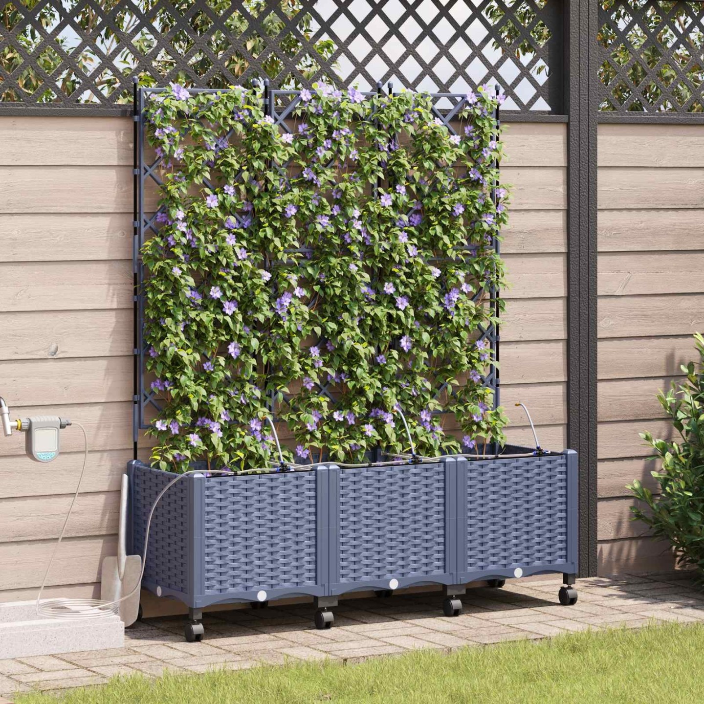Porte-plante de jardin avec irrigation et roues 3 pc Gris PP