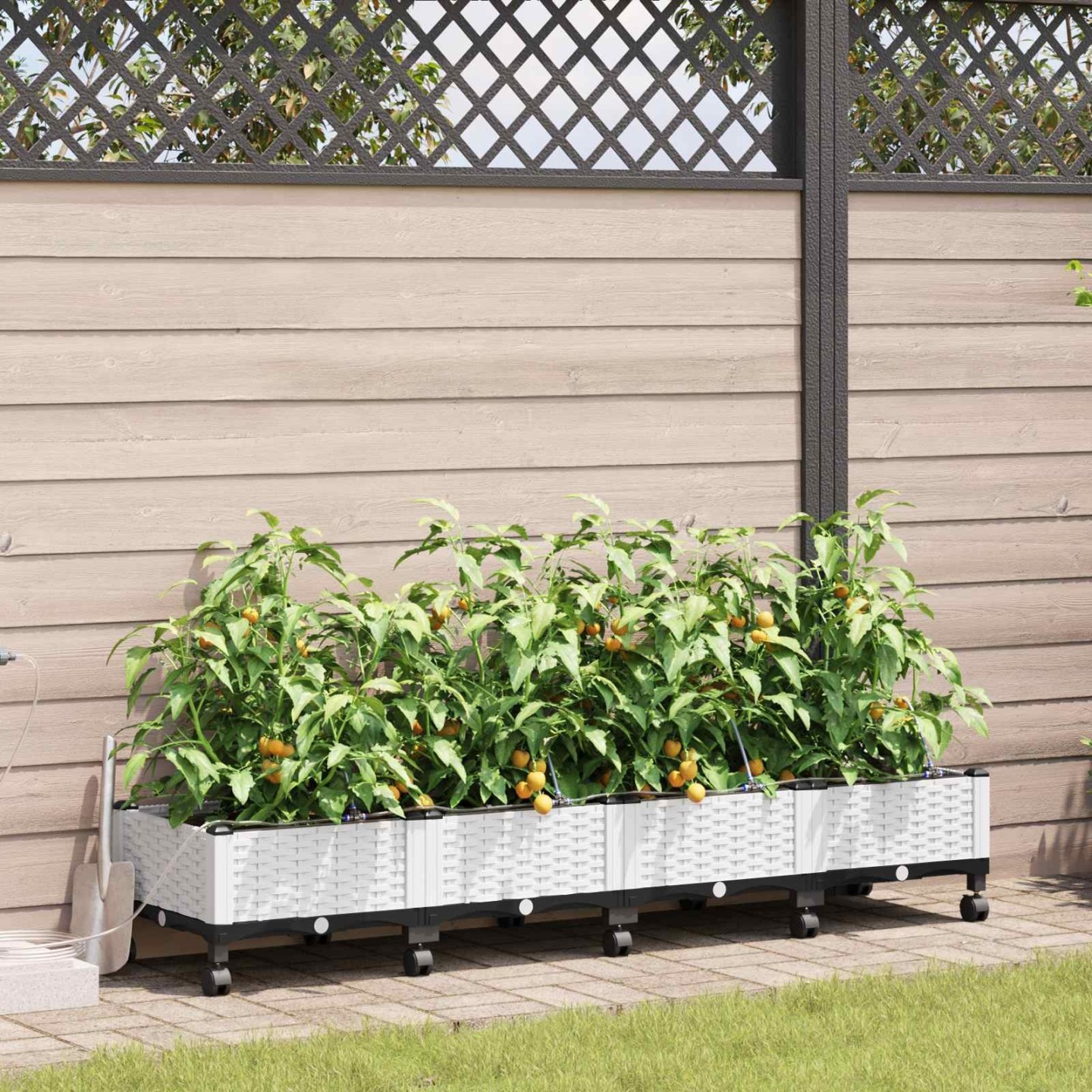 Porte-plante de jardin avec irrigation et roues 4 pc Blanc PP