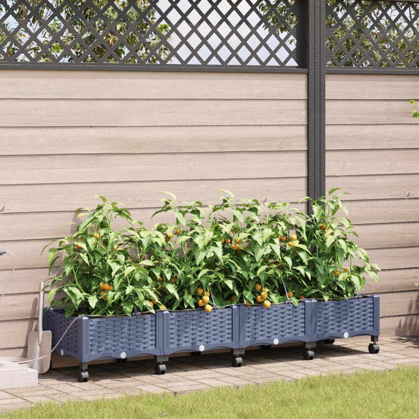 Porte-plante de jardin avec irrigation et roues 4 pc Gris PP