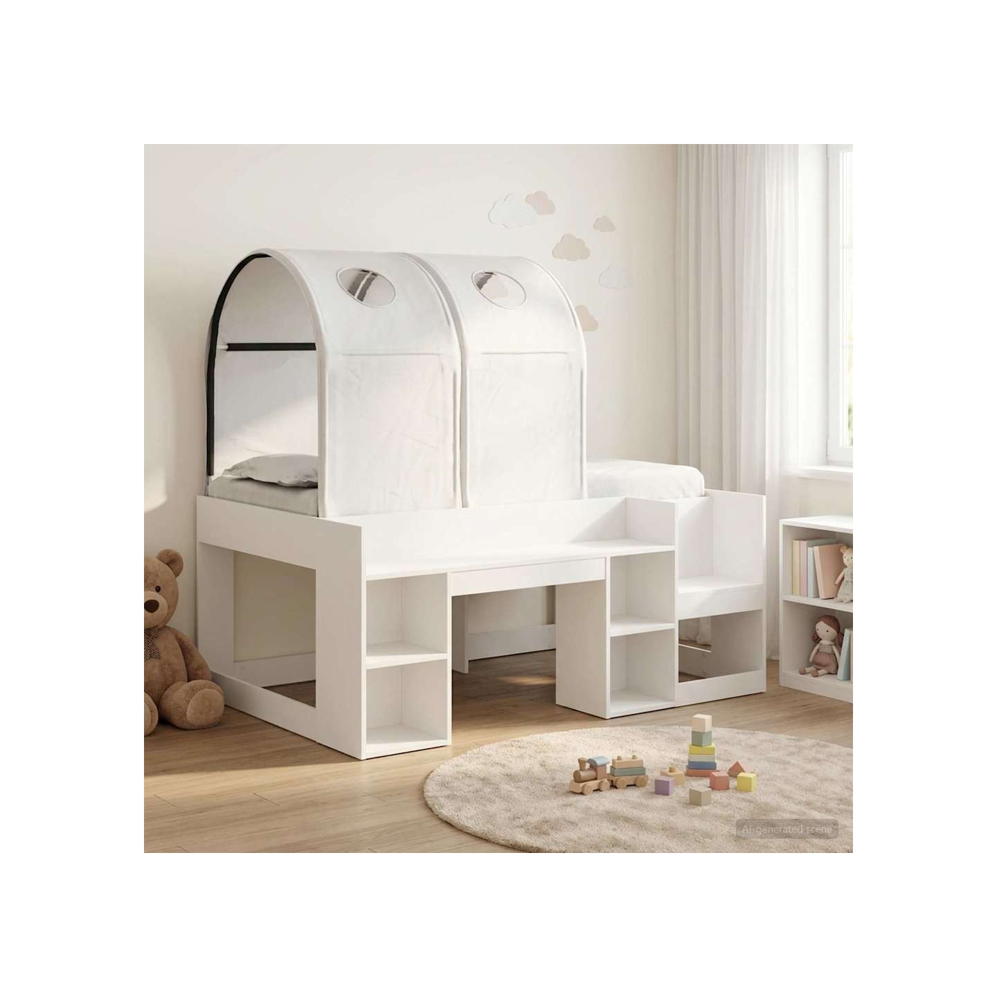 Lit avec Tunnel avec étagère 3 pièces Blanc Bois d'ingénierie