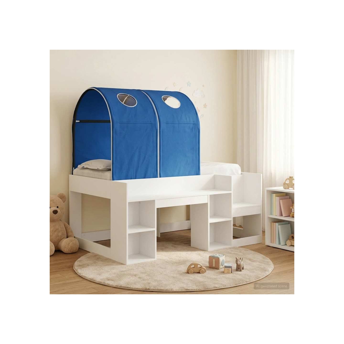 Lit avec Tunnel 3 pièces Blanc et bleu Bois d'ingénierie