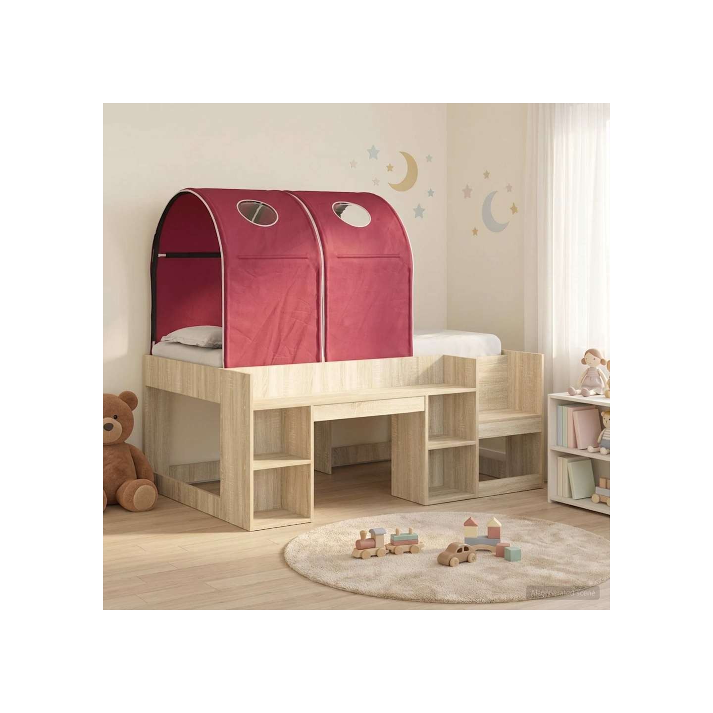 Lit avec Tunnel 3 pc Chêne Sonoma et rouge Bois d'ingénierie