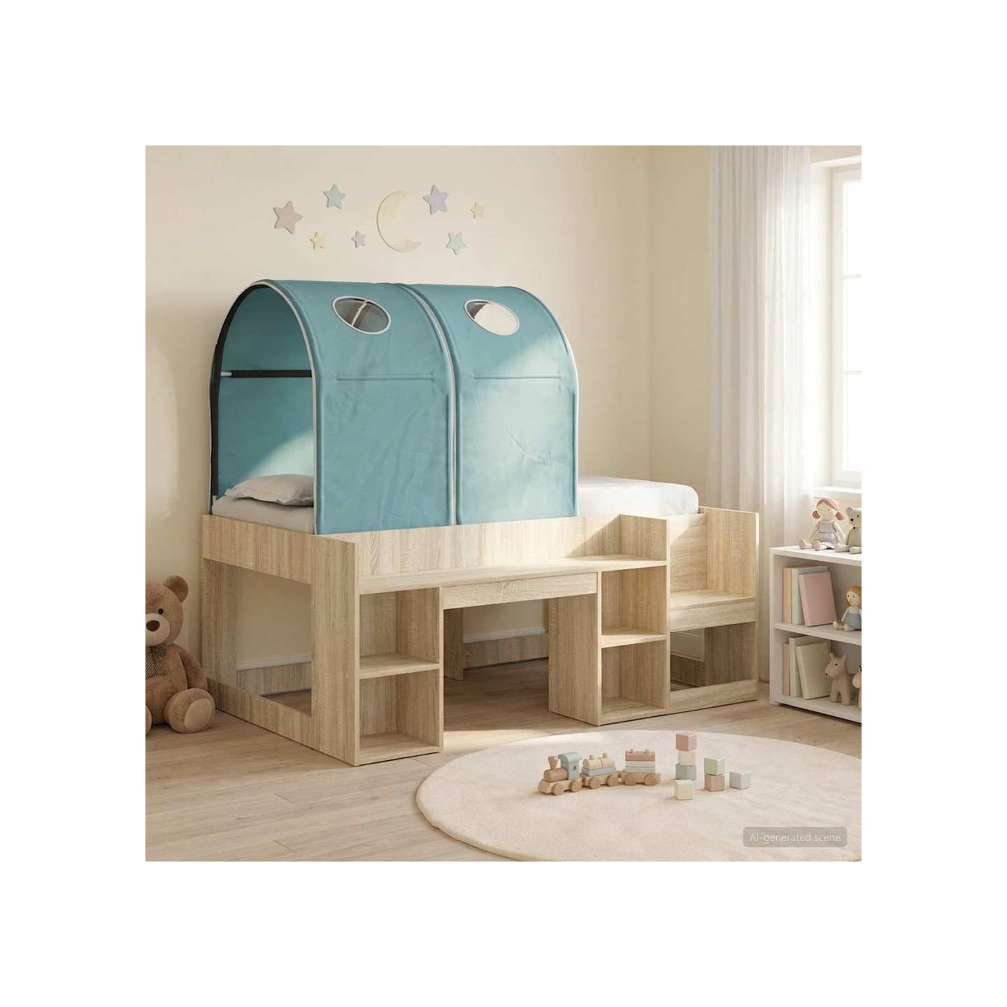 Lit avec Tunnel avec étagère 3 pc Chêne Sonoma et bleu clair