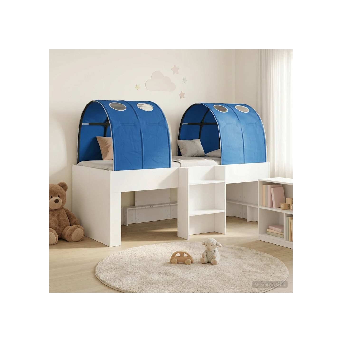 Lit avec Tunnel 4 pc Blanc et bleu Bois d'ingénierie