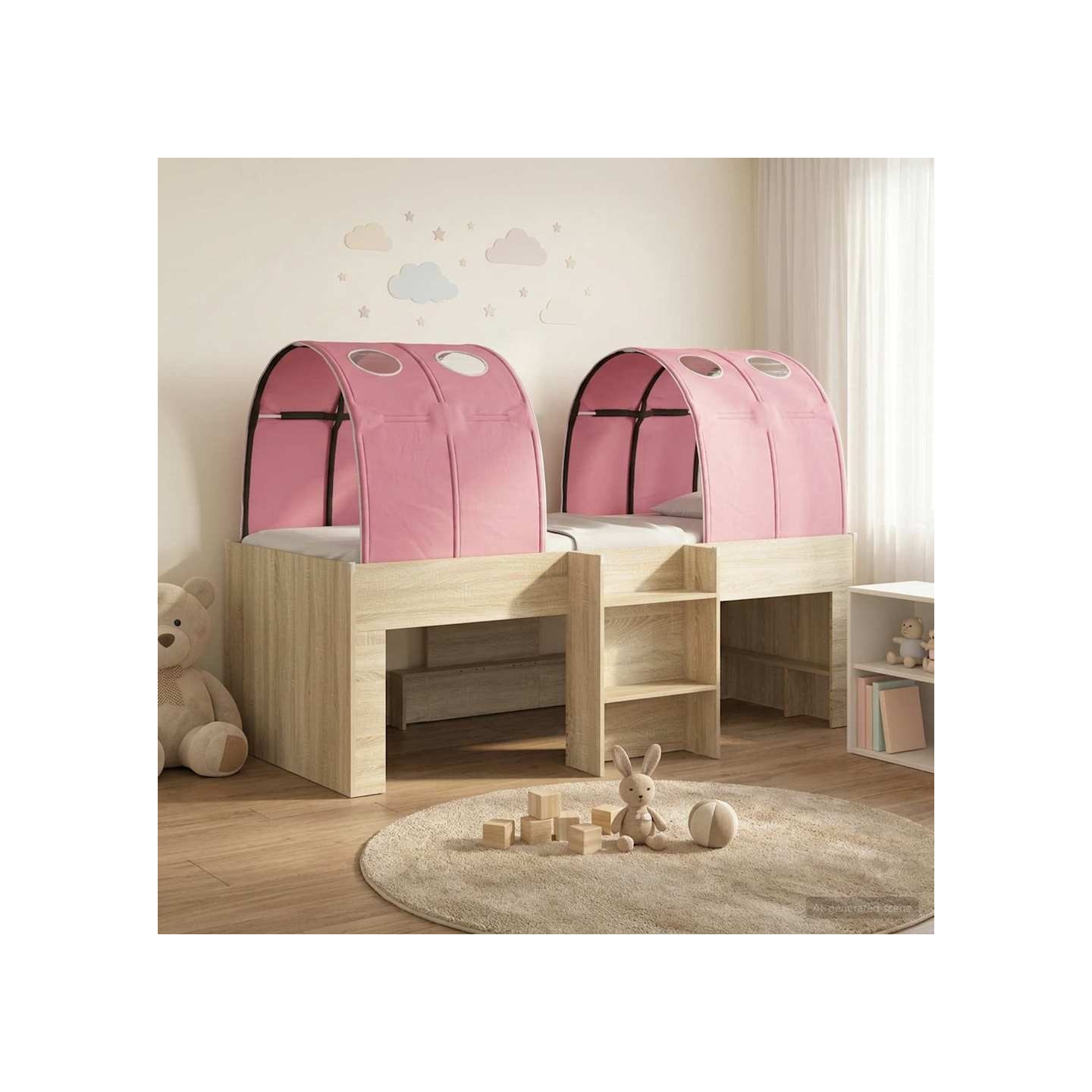Lit Haut pour Enfants avec Tunnel Chêne Sonoma et rose