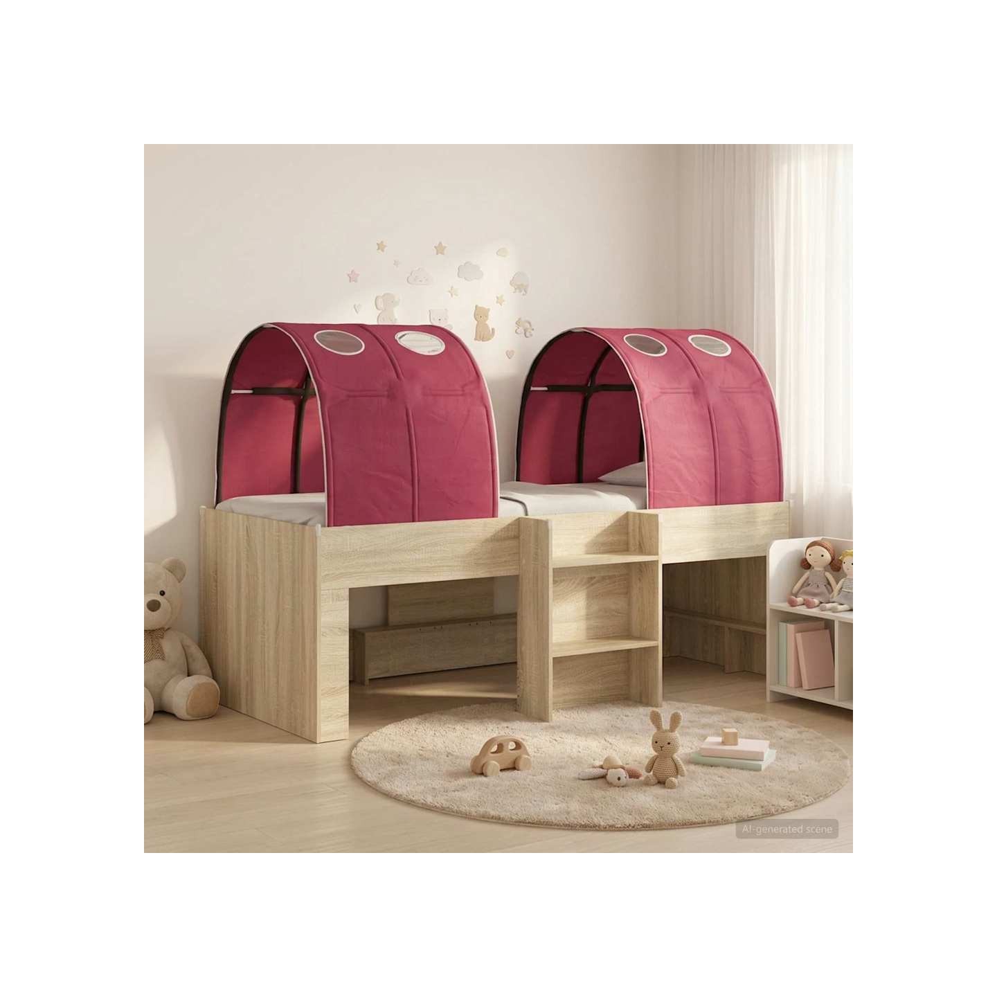 Lit avec Tunnel 3 pc Chêne Sonoma et rouge Bois d'ingénierie