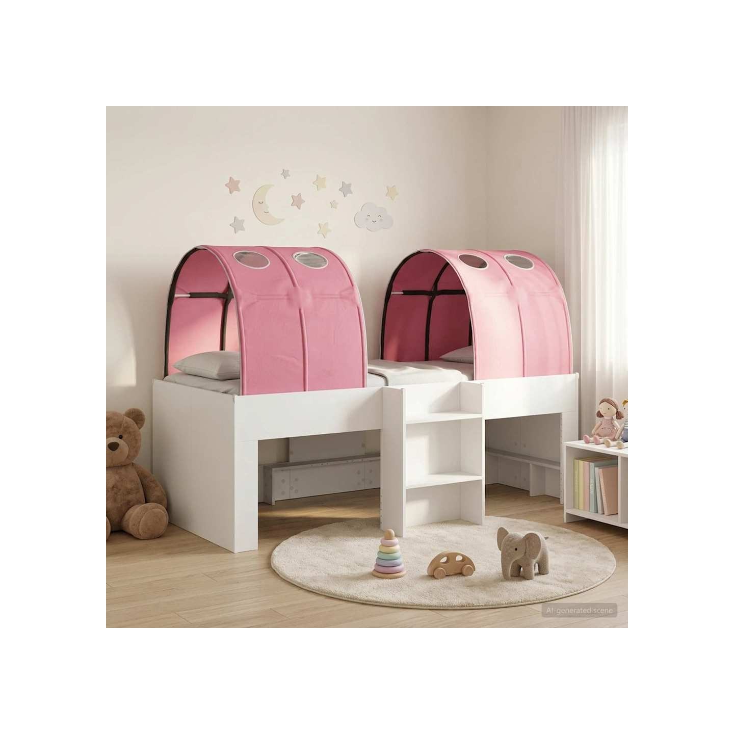 Lit avec Tunnel 3 pièces Blanc et rose Bois d'ingénierie