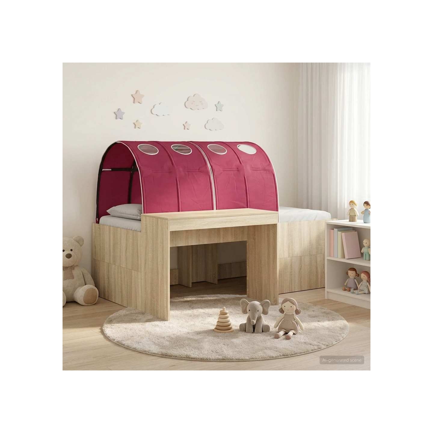 Lit avec Tunnel 3 pc Chêne Sonoma et rouge Bois d'ingénierie