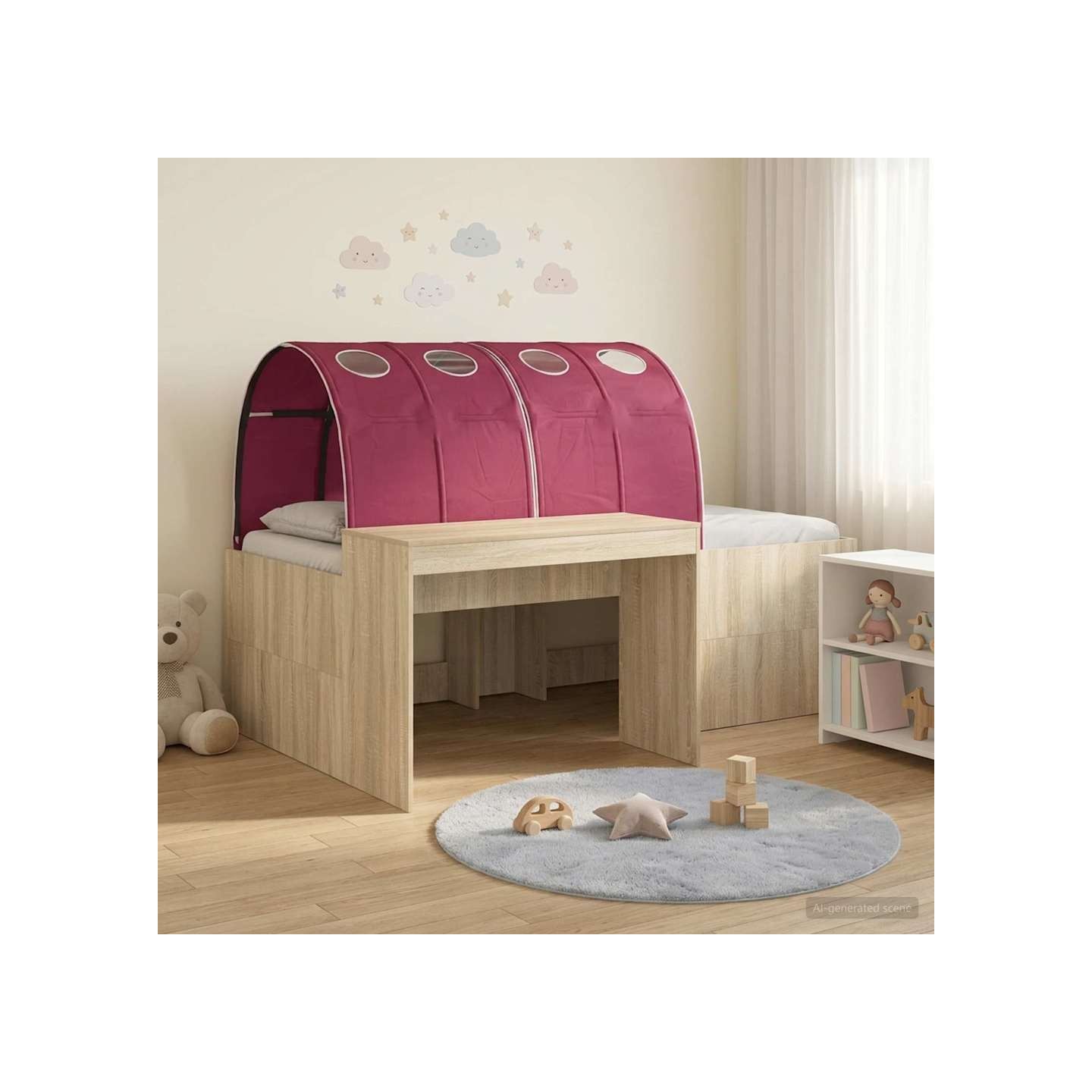Lit avec Tunnel 3 pc Chêne Artisanal et Rouge Bois d'ingénierie