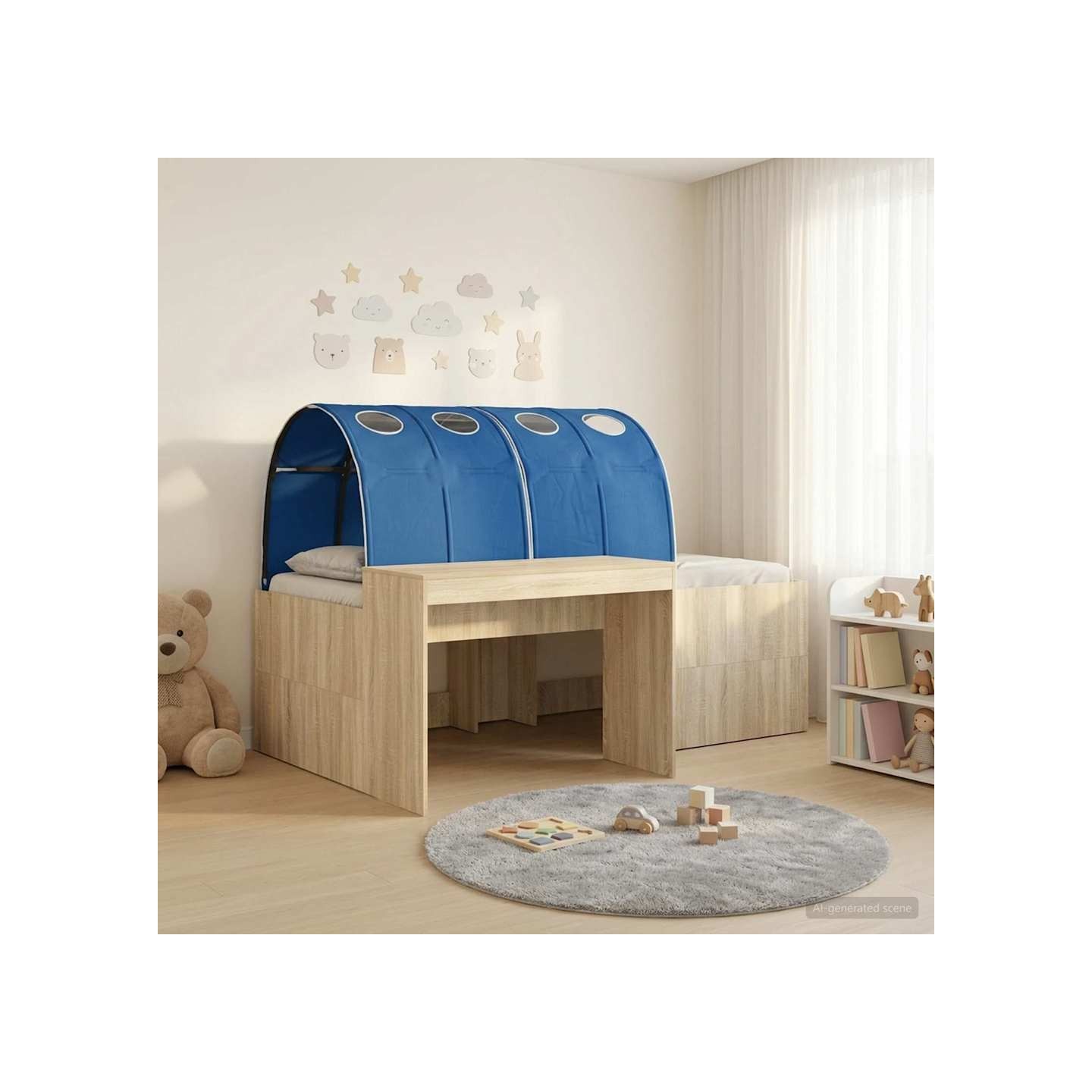 Lit avec Tunnel 3 pc Chêne Artisanal et Bleu Bois d'ingénierie