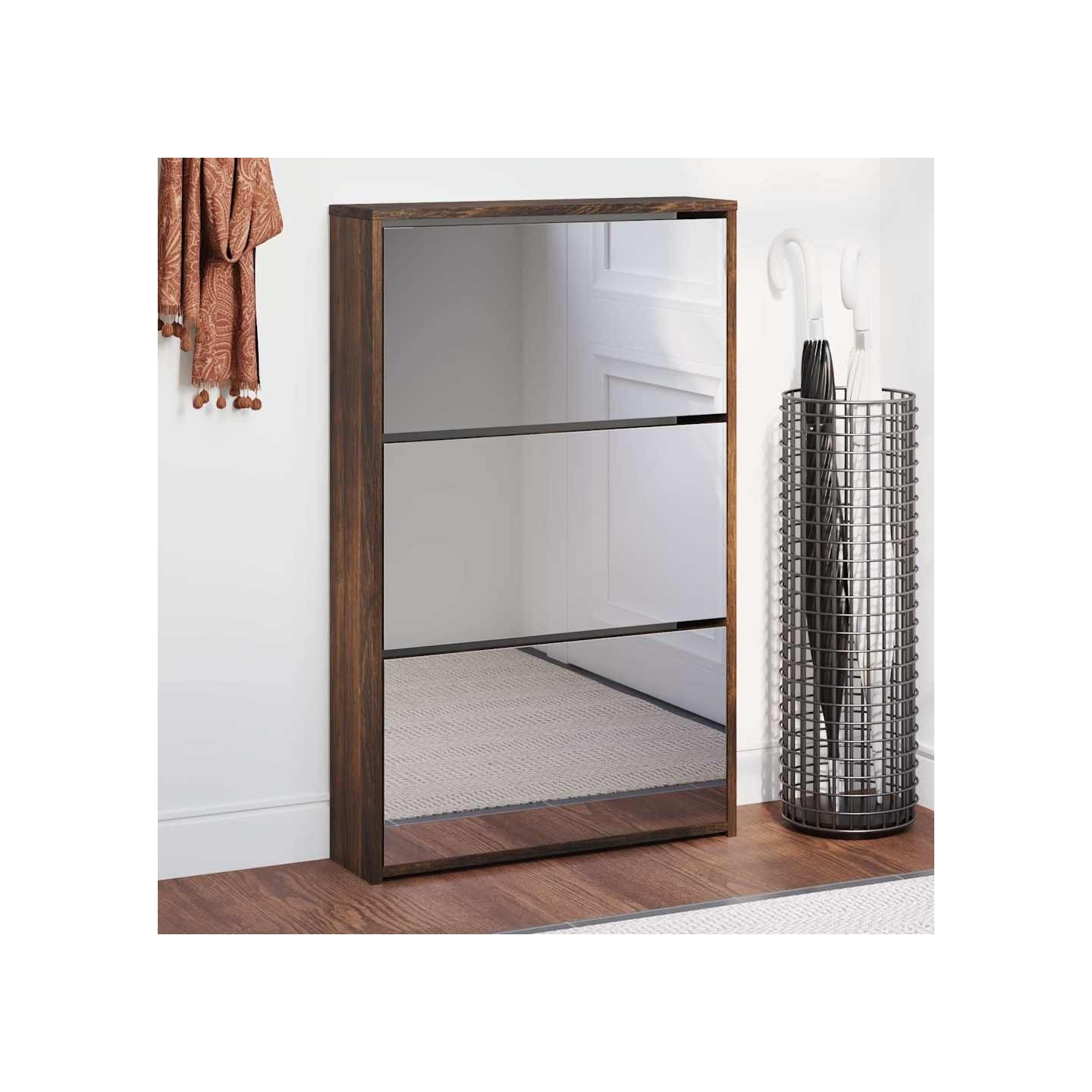 Armoire à chaussures miroir 3 niveaux Chêne fumé 63x17x102,5 cm