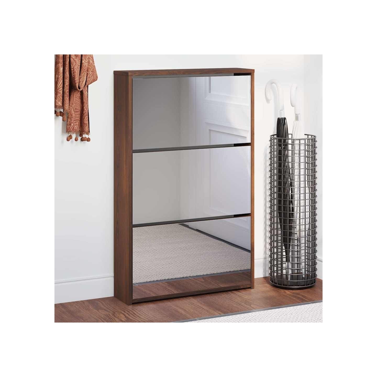 Armoire à chaussures miroir 3niveaux Chêne marron 63x17x102,5cm