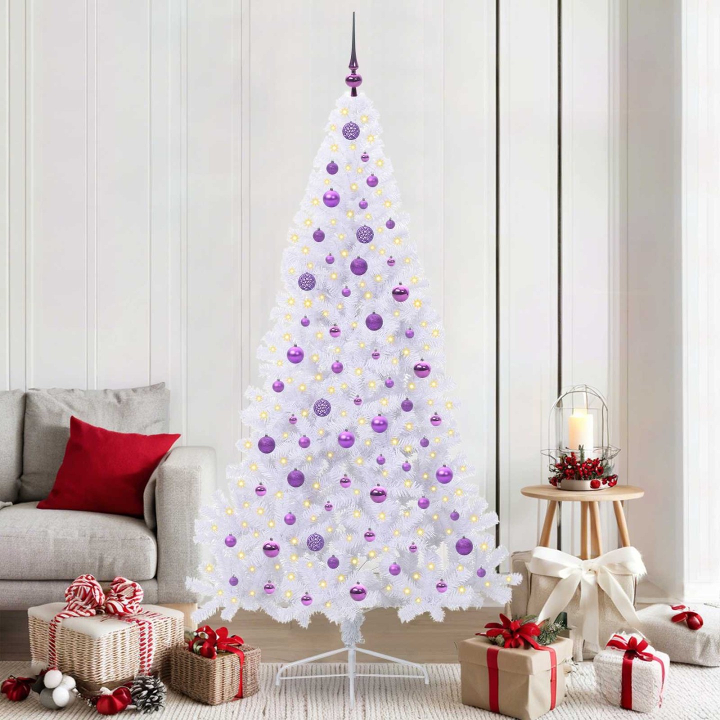 Sapin de Noël artificiel avec 300 LED Blanc 210 cm PVC et Acier